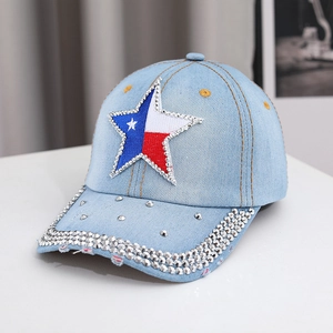 Blue denim baseball cap with Texas star patch, rhinestones and silver stud accents