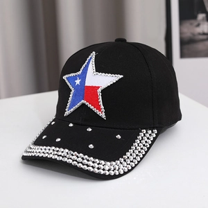 Fashion Rhinestone Star Denim Baseball Cap Cotton Texas Flag Patchwork Sunshade Hat Sparkling Hip Hop Streetwear Cap For Unisex