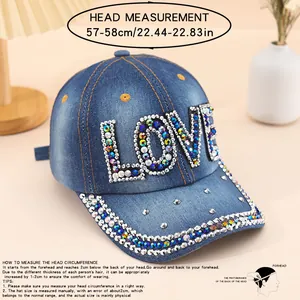 Guide des tailles de casquette en jean avec broderie LOVE et strass brillants