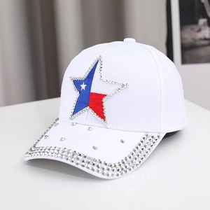 Detail of white baseball cap with rhinestone-studded star embroidery and shiny brim
