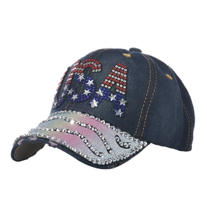 Damen-Baseballkappe aus Denim mit USA-Strasssteinen und farbenfrohem Pailletten-Schirm