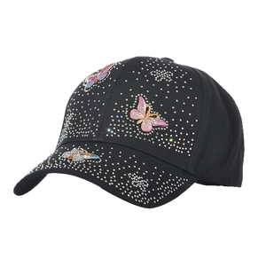 Fashionable black baseball cap for women with colorful rhinestones and 3D butterflies