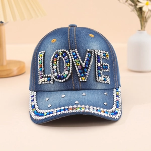 Casquette de baseball en denim bleu avec lettres LOVE en strass et visière décorative