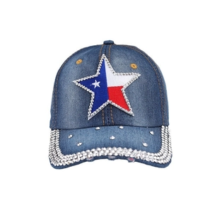 Denim baseball cap with Texas flag star embroidery and silver rhinestone embellishments