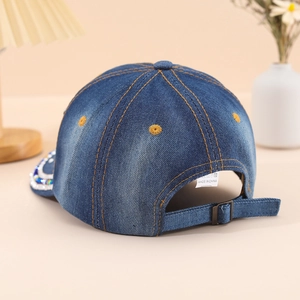 Casquette de baseball unisexe en jean bleu foncé avec coutures jaunes et bordure en strass