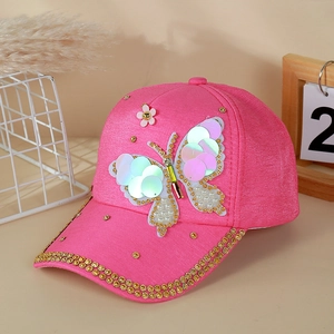 Casquette de baseball rose mode avec papillon en paillettes et bord en strass