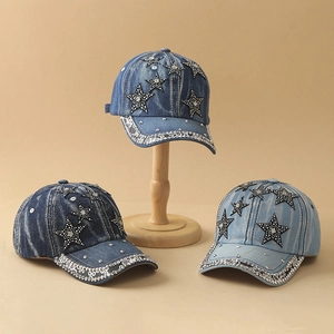 Denim baseball caps with sparkling sequin stars and rhinestone brims in three blue shades