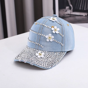 Light blue denim baseball cap with silver rhinestones and white floral 3D decorations