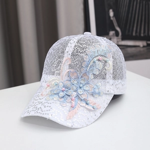 Women's white mesh baseball cap with silver sequins, floral embroidery, and pearl accents