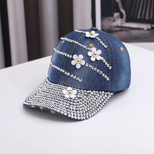 Women's denim baseball cap with sparkling rhinestones and white floral decorations