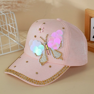 Casquette de Baseball à la Mode avec Paillettes Papillon et Ornements en Strass et Künstliche Perles Chapeau de Protection Solaire Brillant en Mélange de Coton pour Femmes