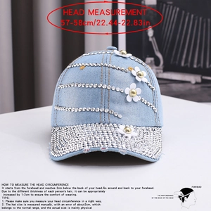 Denim baseball cap for women with silver rhinestones and white floral accents