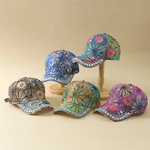 Lace floral baseball caps for women with colorful rhinestones on brim in five patterns