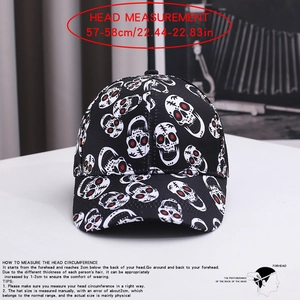 Size guide for black skull print baseball cap showing 57-58cm head circumference measurements