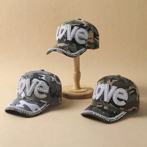 Women Camouflage Baseball Cap Artificial Pearl Rhinestone LOVE Letter Decor Adjustable Cotton Denim Sun Hat Trendy Military Style Headwear