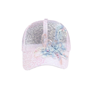 Pink baseball cap with shiny sequins and floral embroidery for summer breathable wear