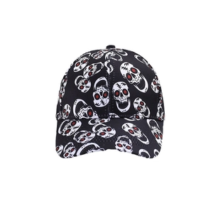 Street style black baseball cap with white and red skull patterns and curved brim
