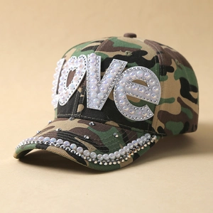 Women's camouflage baseball cap with rhinestone LOVE lettering and pearl brim detailing