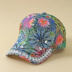 Detail of colorful floral lace baseball cap with sparkling crystal rhinestone embellishments