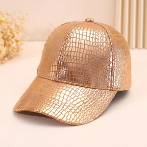 Golden metallic baseball cap with embossed crocodile texture for outdoor sun protection