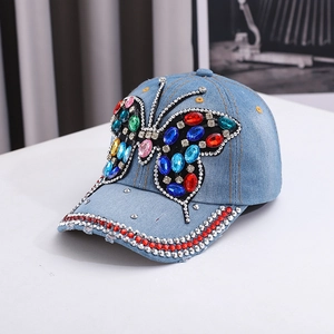 Blue denim baseball cap with rhinestone butterfly and decorated brim for sun protection
