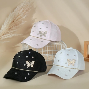 Chic rhinestone butterfly baseball cap set in pink, black, and white fabric