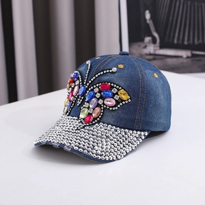 Casquette de Baseball en Jean pour Femmes Papillon en Strass Chapeau de Soleil Cristal Coloré Décontracté Snapback Voyage
