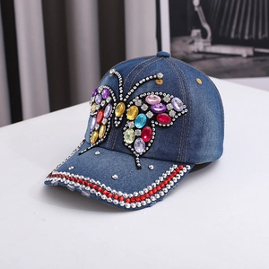 Women Denim Baseball Cap Butterfly Rhinestone Inlaid Fashion Sun Protection Outdoor Adjustable Cotton Denim Tongue Hat