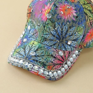 Lace floral baseball cap for women with colorful butterfly prints and sparkly rhinestones