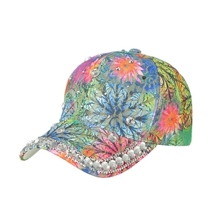 Colorful floral lace baseball cap with sparkling rhinestones and sun protection visor