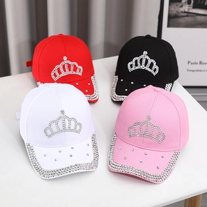 Stylish rhinestone crown baseball caps for women in red black white and pink colors