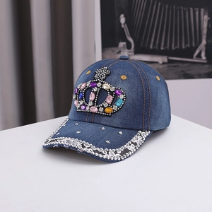 Casquette de baseball en jean pour femme avec couronne de strass et bordure en dentelle