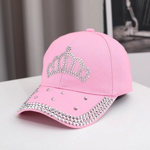 Pink cotton baseball cap with rhinestone crown and sparkling brim for fashion sun protection