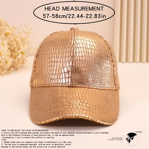 Detailed view of golden crocodile textured baseball cap with 57-58cm head measurement