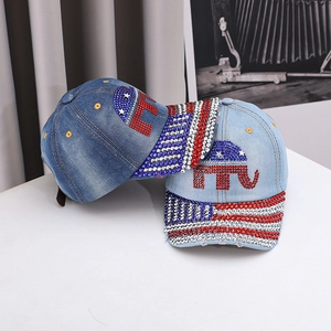 American style denim baseball cap with elephant rhinestone design and flag motif