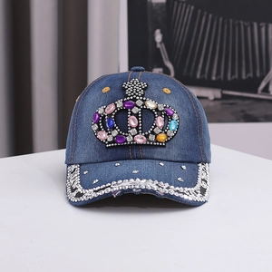 Casquette de Baseball Vintage en Denim pour Femmes Motif Couronne en Strass Ajustable Chapeau de Soleil en Coton Denim