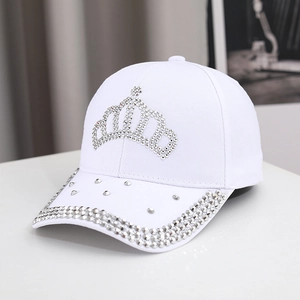 Stylish white baseball cap with sparkling rhinestone crown pattern and brim details