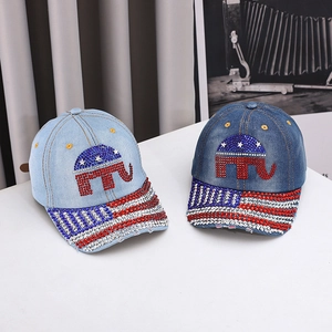 Denim baseball caps with elephant rhinestone pattern and American flag crystal brim detail