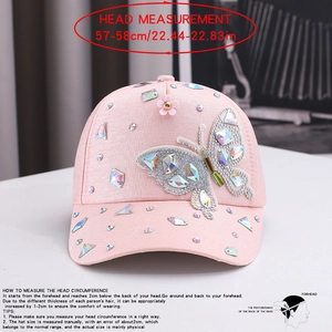 Size guide for a pink butterfly baseball cap with colorful rhinestones and studs