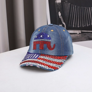 Blue denim baseball cap with rhinestone elephant logo and American flag pattern brim