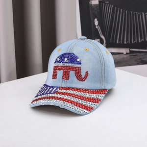 Vintage Rhinestone Elephant Denim Baseball Cap Stars Stripes Brim Cotton Polyester Sun Hat Adjustable Outdoor Fashion Cap