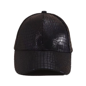 Classic black faux leather baseball cap with alligator skin texture for outdoor sun protection