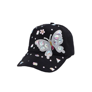 Black cotton baseball cap with colorful crystal butterfly rhinestones for women