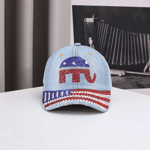 Detailed view of denim baseball cap with rhinestone elephant pattern and flag brim