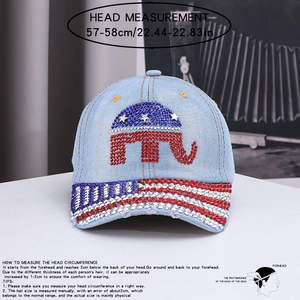 Detailed size chart for blue denim baseball cap featuring elephant and rhinestone patterns
