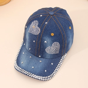 Deep blue denim baseball cap with rhinestone hearts and sparkling crystal brim