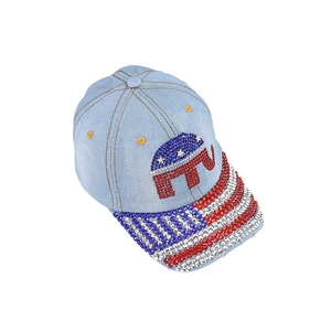Denim baseball cap featuring rhinestone elephant and US flag pattern for outdoor casual wear