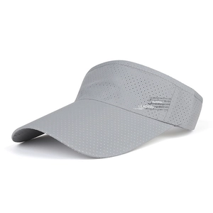 Detail view of breathable laser-cut vents and side logo on grey sports sun visor