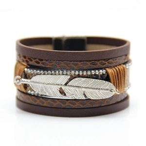 Bohemian Multilayer PU Leather Bracelet For Women Alloy Feather Charm Rhinestone Inlaid Magnetic Clasp Vintage Ethnic Jewelry