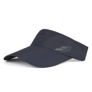 Detail view of breathable eyelet fabric on navy blue sun visor hat with side logo